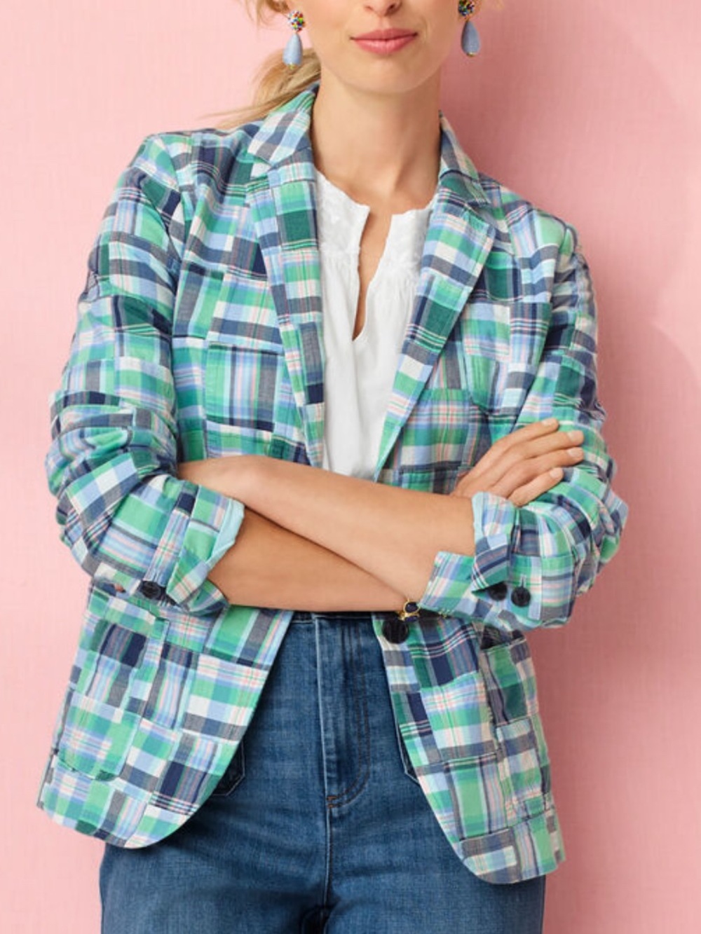 Talbots Summer Blazer Size 4 Madras Plaid Patchwork 100% Cotton Coastal Preppy - Picture 2 of 9